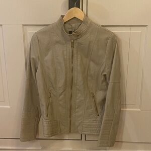 New Chic Beige Faux Leather Motorcycle Jacket with Gold Accents